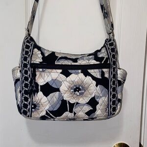 Vera Bradley Black Floral Quilted Shoulder Bag with Cream and Gray Flowers